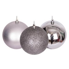 3 Mid Grey Shatterproof Christmas Baubles Glitter Matte Shiny Finish 10cm Decor
