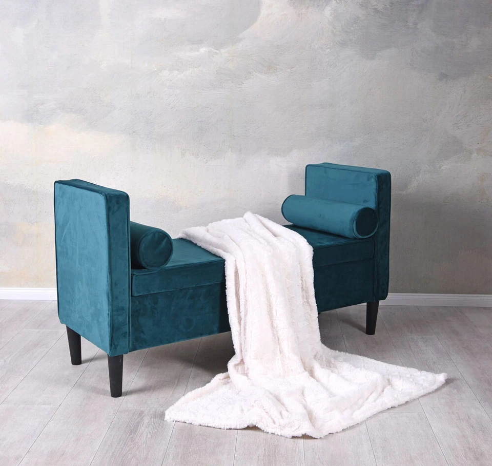 Truhenbank Sofabank Samtbank Hollywood Sitzbank & Kissen Samt Petrol Sitzhocker - Bild 4 von 4