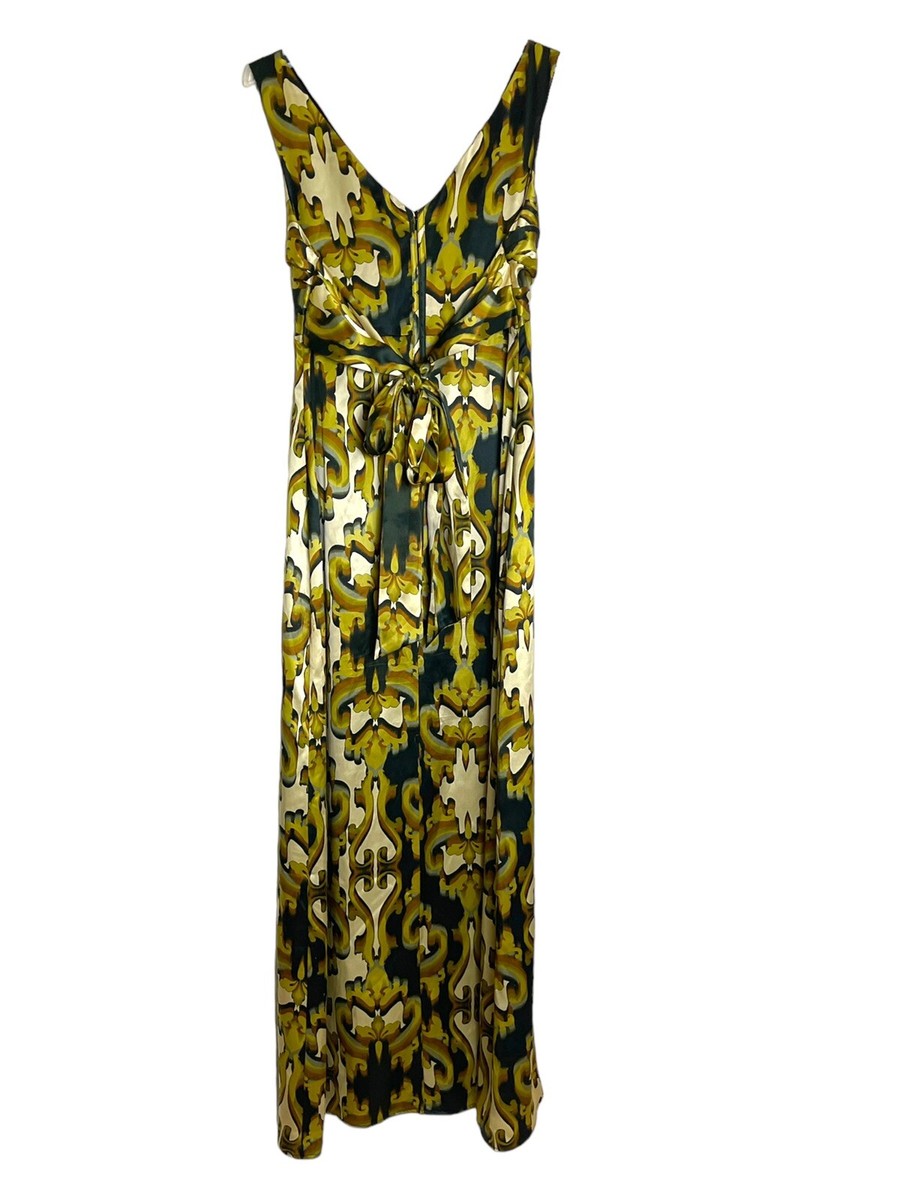 Ted Baker Silk Maxi Dress V-Neck Ruched A- Line Green Gold Damask Sz 3 US 8  | eBay