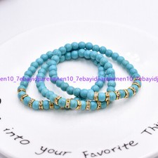 3Pcs Natural 8mm Blue Turquoise Round Gemstone beaded Stretchy Bracelet 7.5 in