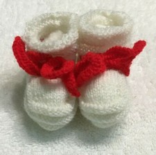 Hand Knitted Baby Booties White with Red Ties 0-3 months