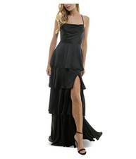 City Studio Juniors' Tiered Ruffled Gown Satin Black Size  9/10