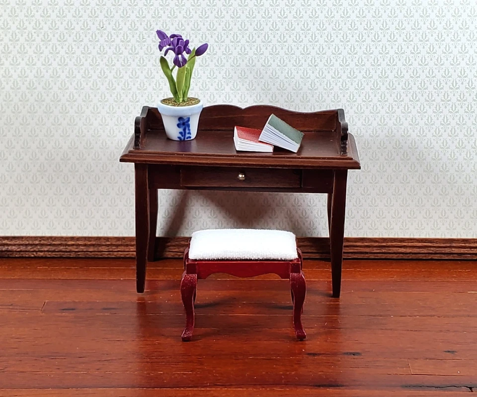 Taburete tocador para casa de muñecas banco acabado caoba asiento de tela muebles escala 1:12 Foto 3 de 4