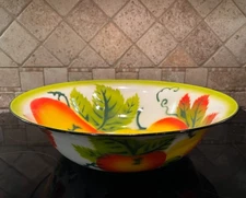 Vintage ENAMEL WARE LARGE SERVING BOWL Basin Fruit Pattern 15 3/4  x 4 1/4