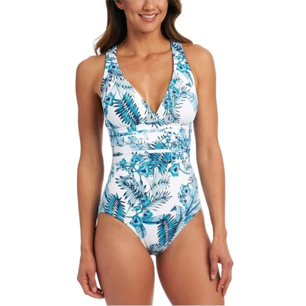 La Blanca Blue White One Piece V-Neck Swimsuit Tropical Print Women’s Size 8