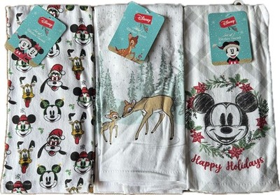 3 Sets Of 2 Disney Christmas Kitchen Towels: Bambi, Mickey, & Mickey Pluto Goofy