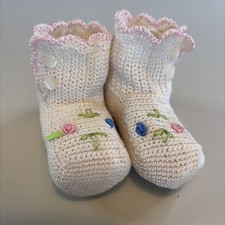 Vintage Hand Crocheted Ivory Pink Blue Flower Infant Booties