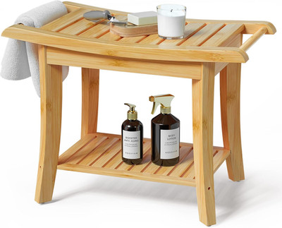 Bamboo Shower Bench inside Shower Stool with Space-Efficient Storage Shelf, Show