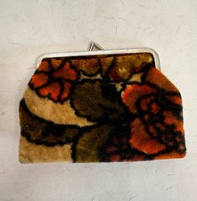 Vintage Tapestry Coin Purse Fuzzy Velvet Brocade Kiss Lock Pouch 60s Floral