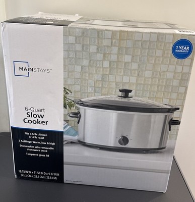 Crock Pot 6-Quart Slow Cooker Mainstays Dishwasher Safe Silver Black New In Box