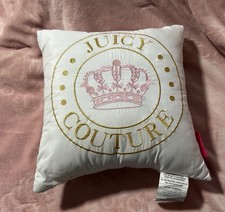 Juicy Couture Home White Gold Light Pink Embroidered Logo Crown Throw Pillow