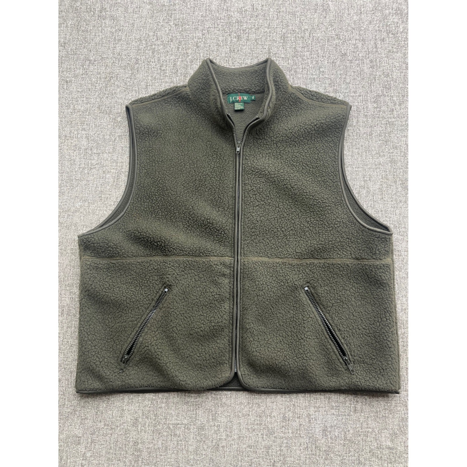 VTG J. Crew Mens Sherpa Fleece Vest Full Zip Pockets Olive Green XL