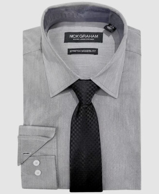 nick graham men's dress shirt with neck tie $75 Nick Graham Men's Modern-Fit Gray Neck-Tie Dress Shirt Size 15.5 32/33