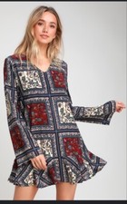 Lulus Women’s Crack A Smile Cream And Plum Multi Print Shift Dress Small