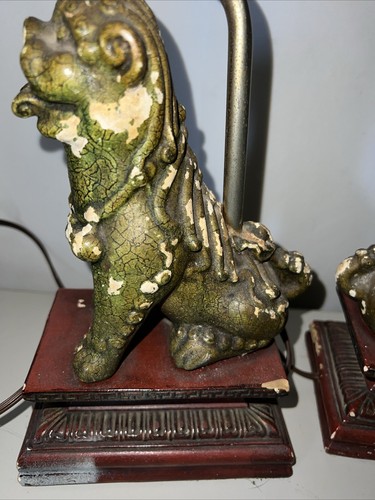 Pair of 2 Vtg Chinese Foo Dog Table Desk Lamps Green Brown 14" Tall - Picture 5 of 13