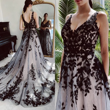 Gothic Wedding Dresses V Neck Black Lace Applique Sweep Train Bridal Gown Custom
