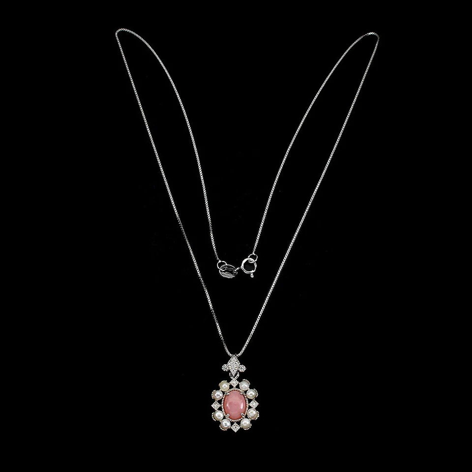 925 Sterlingsilber Ovaler Pinkopal 8x6mm Perle Simuliert Cz Halskette 18 - Bild 3 von 4