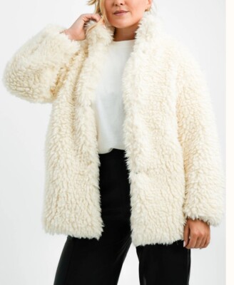 QED London Ivory White Uk 12 Faux Fur Oversized Fluffy Borg Warm Winter Coat