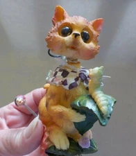 Cat Windchime Jumper Springs NIB Multicolor Resin Cat with Flowers Insects Glass