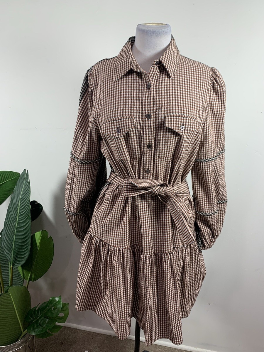 Pearl By Lela Rose Checked Seersucker Shirt Dress, Size L, 445