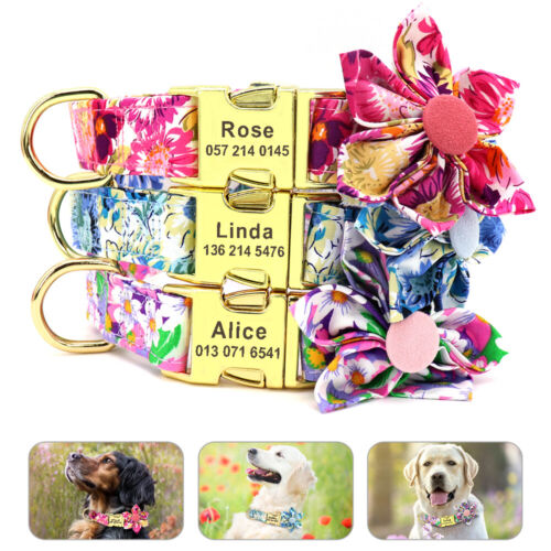 Personalisierte Hundehalsband mit Namen Gravur Verstellbar Hunde Blumen Halsband - Picture 1 of 18
