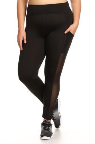 Shosho Plus Size Activewear Leggings w/Mesh Side Pocket Panels Black XL ...