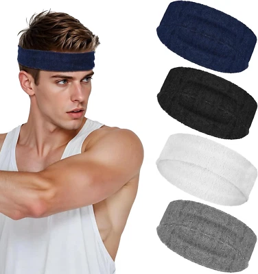 4 Pack Men & Women Sweatband Headband Terry Cloth Moisture Wicking for Sports Te