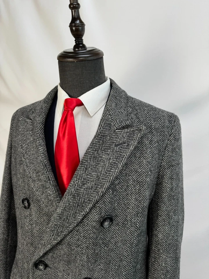 Vintage Mens Double Breasted pure wool gray Herringbone Classic Overcoat 42L 44L - Image 3 of 4
