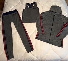 Women s 3-piece Workout/Yoga Set, M, Dark Grey With Red And Navy Striping