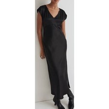 Madewell Belinda Wide V Neck Satin Chic Midi Side Slit Dress US Women's 2 New