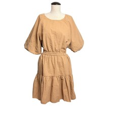 Madewell Seersucker Cutout Back Mini Dress XL Tan Puff Sleeve Tiered