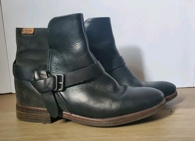 Pikolinos Ordino Ankle Boots Black Leather Buckle Western Women Size EU 39 US 8