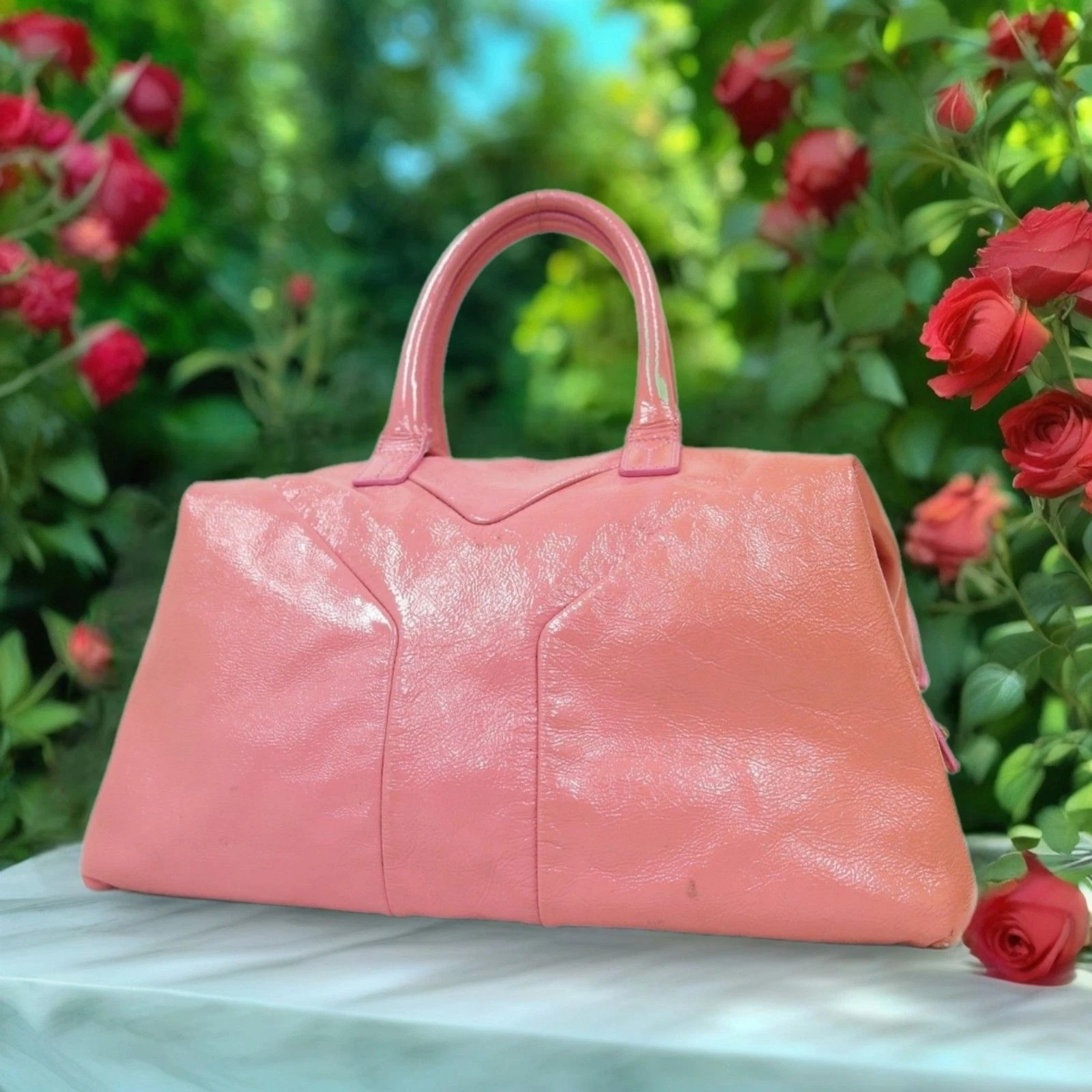 Saint Laurent — Yves Saint Laurent Coral Pink Patent Leather Boston Shoulder Bag Y2K VGUC