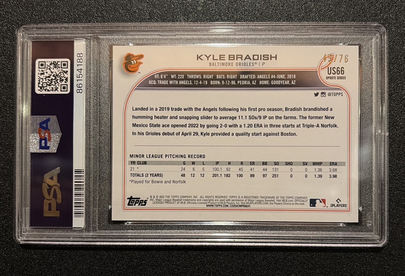 2022 Topps Update - Kyle Bradish #US66 Independence Day 49/76 (RC) PSA Mint 9 view 2