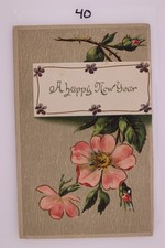 Unused 1920s New Year Greeting Card Embossed Pink Flowers Bird