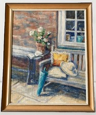 Vintage Oil Painting Garden Bench + Flower Pot Scene Framed Signed Gallery Wall