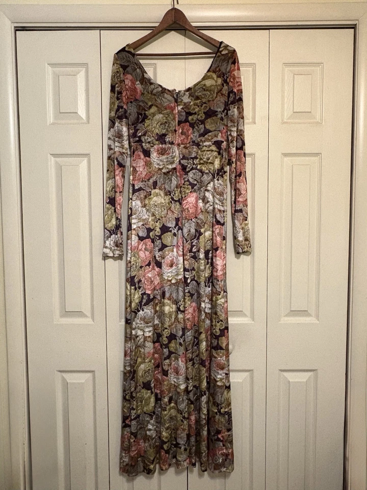 Maxi Vestido Vintage Años 60 70 Lane Bryant Alto Mod Hippie Glam Floral Terciopelo Talla 14 Foto 2 de 4