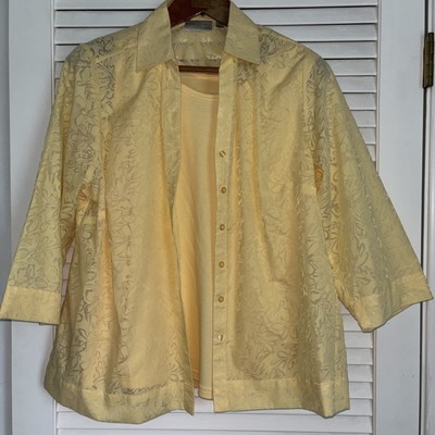 STUDIO WORKS Size 1X 2pc Blouse & Tank Top Yellow Button Down Sheer design 