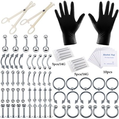 84 Pcs Professional Body Piercing Tool Kit Ear Nose Navel Nipple Needles Set--#