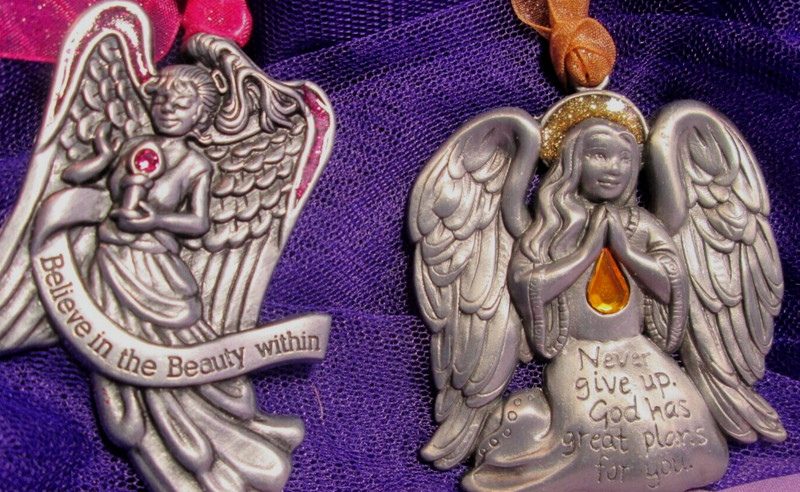 Lot of 2 Gloria Duchin Pewter & Gem Ornaments -"Believe..." & "Never give up..."