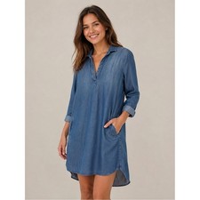 Cloth & Stone Tencel Lyocell Denim Shirt Dress XS Blue Tunic Collared Pockets
