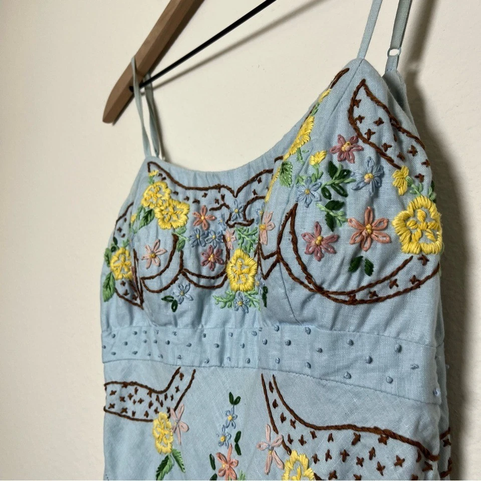 Y2K Sue Wong женщин льняное платье 4 Baby синий цветочный вышитый сарафан коттедж - Изображение 4 из 4