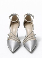 Silver Strappy Rhinestone Pointed Toe Stiletto Heels Buckle Ankle Strap Women