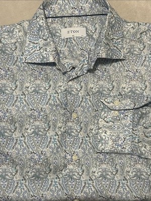Eton Slim Fit Paisley Dress Shirt 16.5 42 Cotton Lyocell Blue Green