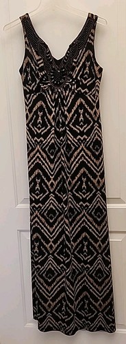 Ronni Nicole Size 6 Maxi Dress Beaded Stretch Black Brown Geometric Sleeveless