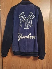 Vintage NEW YORK YANKEES LOGO G-III Blue & Black SUEDE LEATHER QUILTED JACKET XL