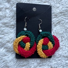 Handmade Crochet Interlocking Hoop Earrings Green Yellow Pink Boho Dangle NEW