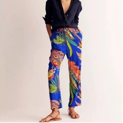 Boden Crinkle Tapered Trousers Multi Painterly Paisley Size 12 Blue Pockets
