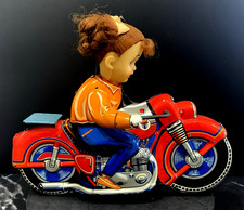 Vintage 1950's Girl Cycle Tin Litho Friction Motorcycle Toy Haji Japan Works 