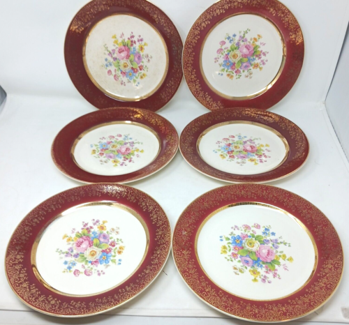 6 Aristrocrat Century by Salem 10" Dinner Plates Maroon Gold Floral VTG #SB